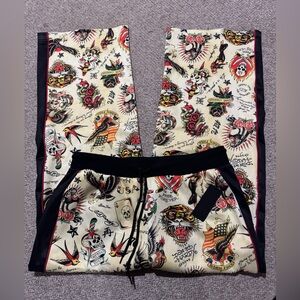 Ed Hardy Tattoo Print Wide-Leg Pants